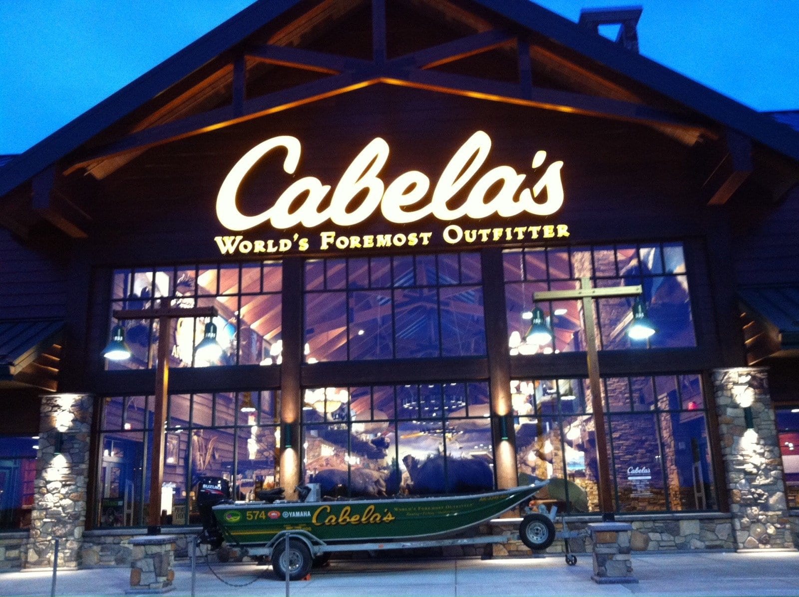 fishing boat in front of Cabela's store