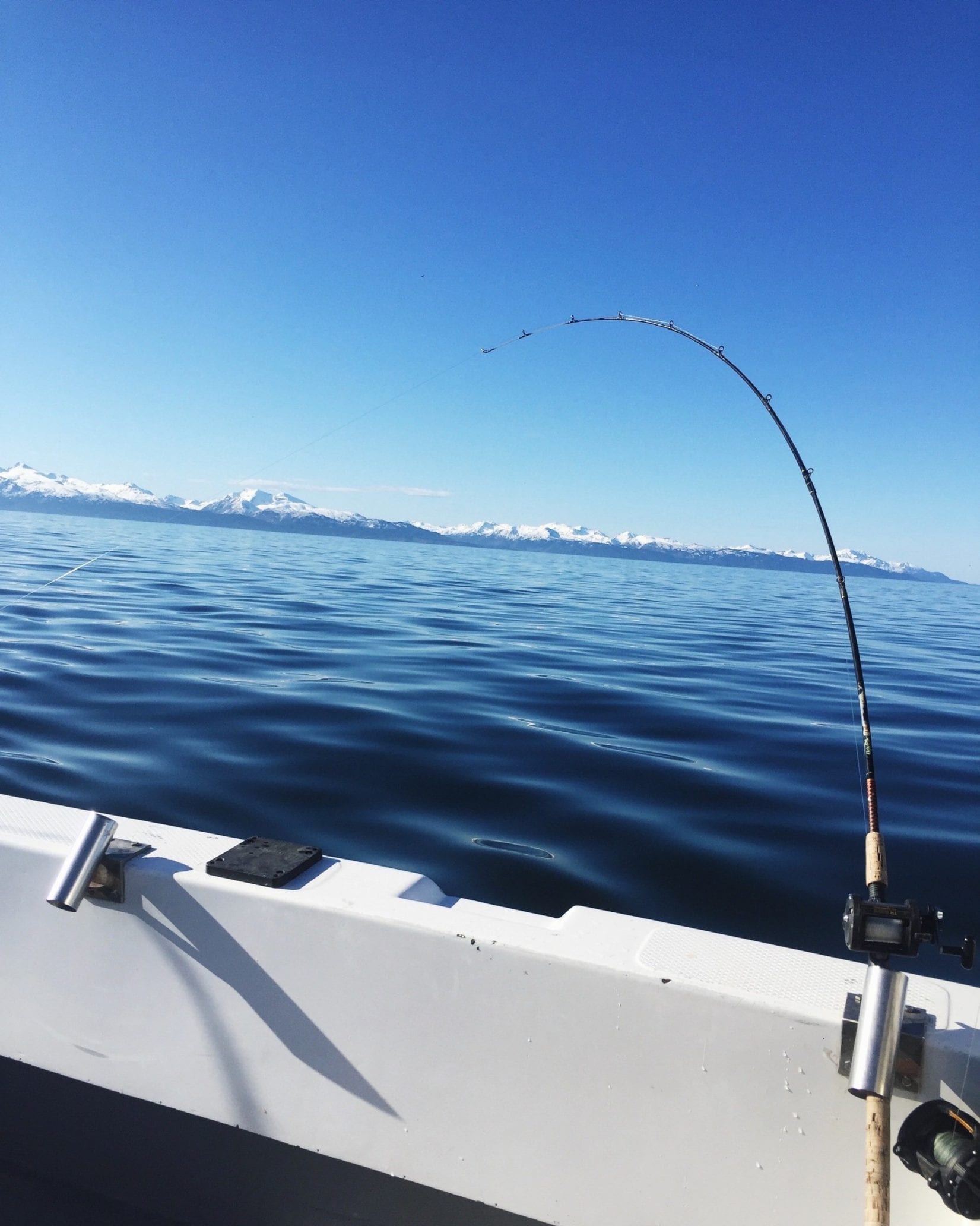 fishing pole on side of boat being pulled