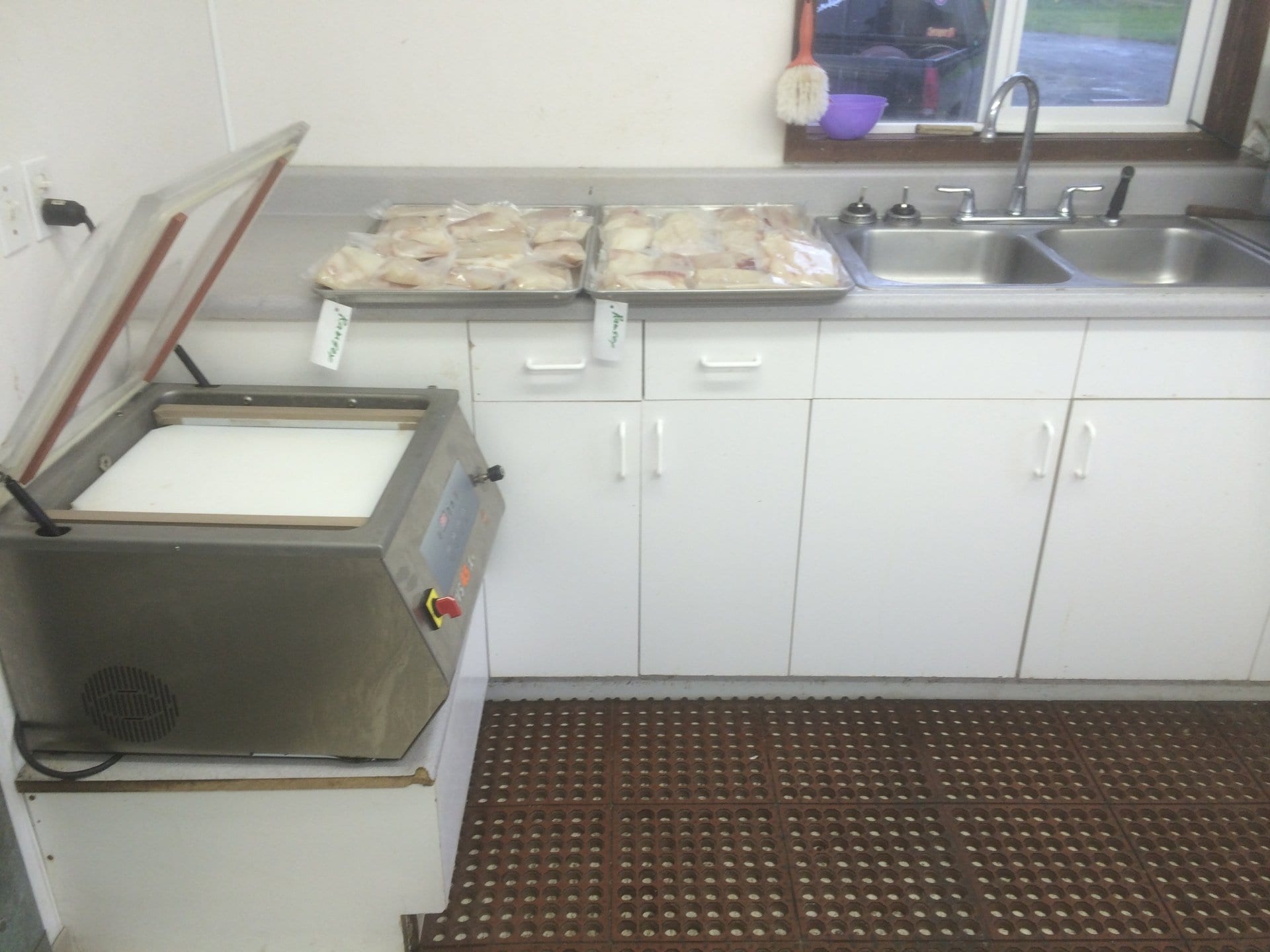 kitchen with fish being prepped