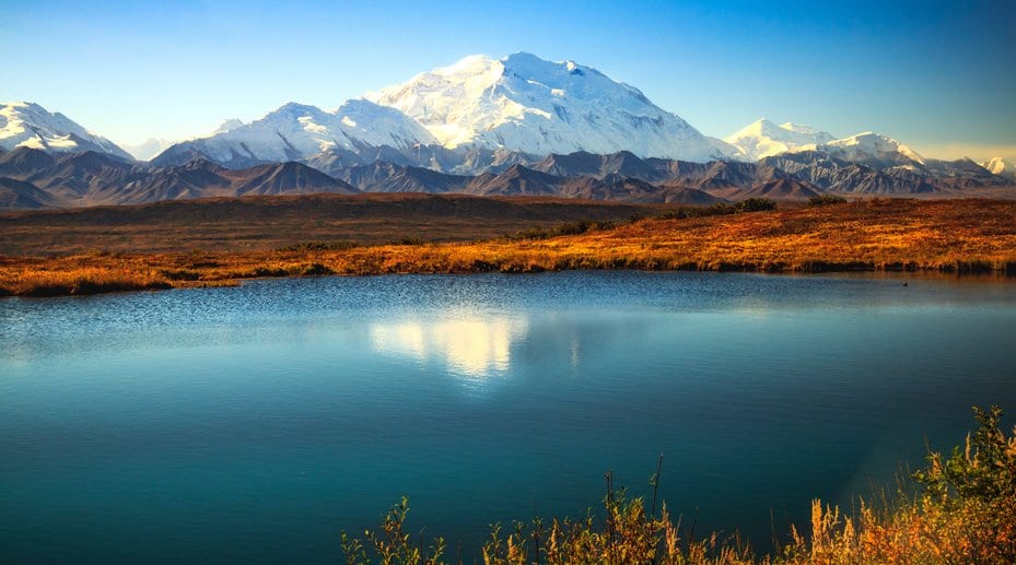 alaskan mountains reflected in lake