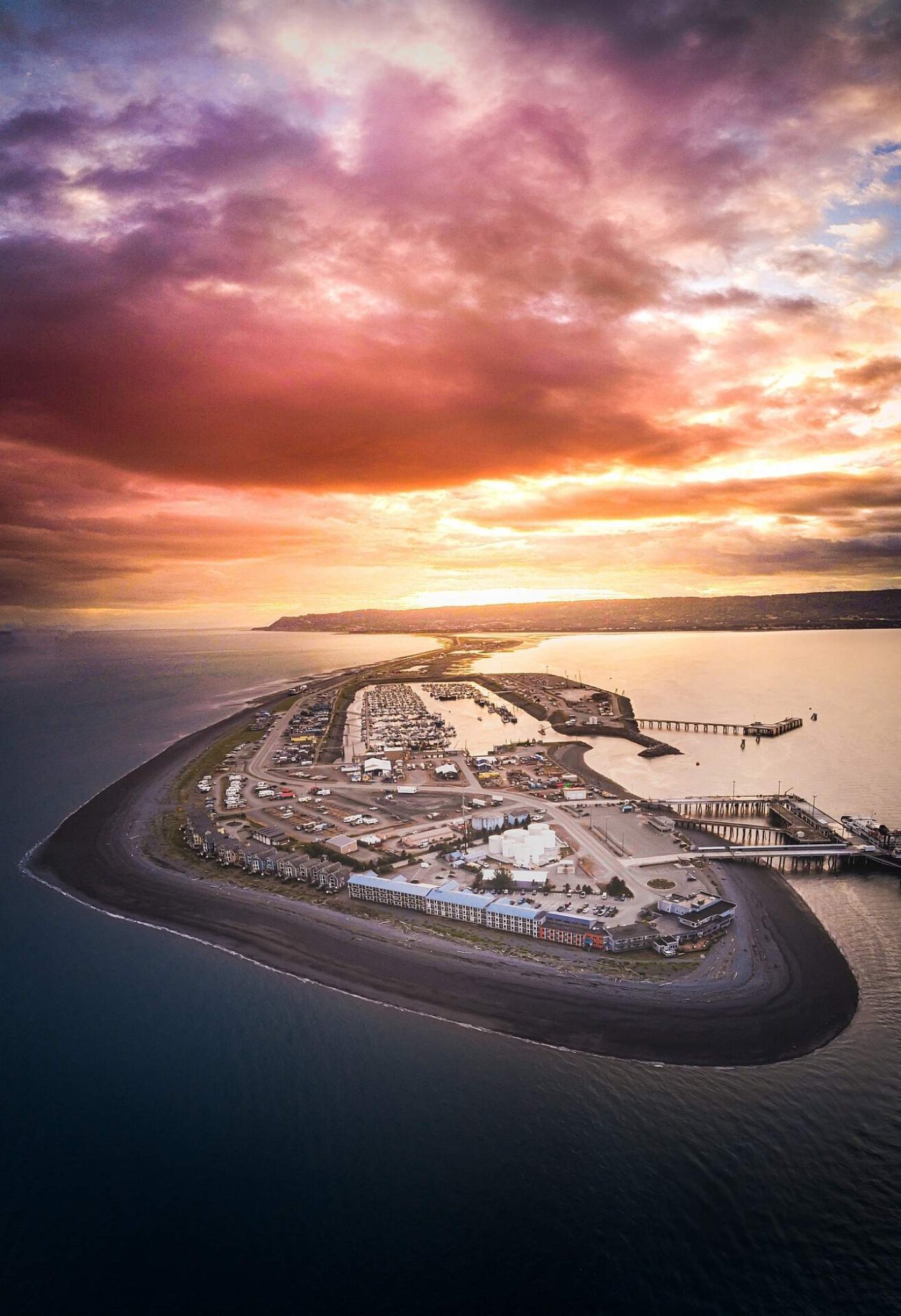 aerial view of the spit in Homer Alaska, a 4.5-mile long strip of land jutting out into the bay